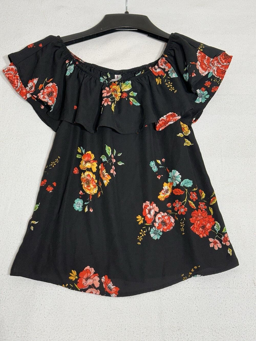 Xhilaration Womens Off the Shoulder Top Size XS Black Floral Print Open Back